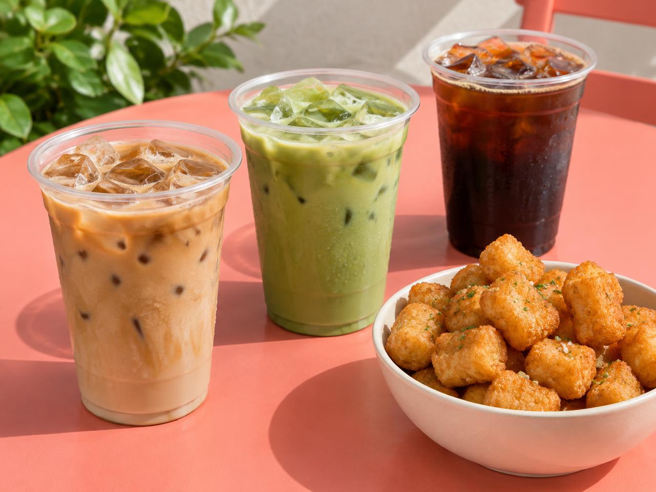 Iced latte, matcha, cold brew and hash bites